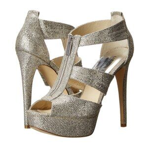 NWOB Michael Michael Kors Berkley T Strap Silver Glitter Platform High Heel